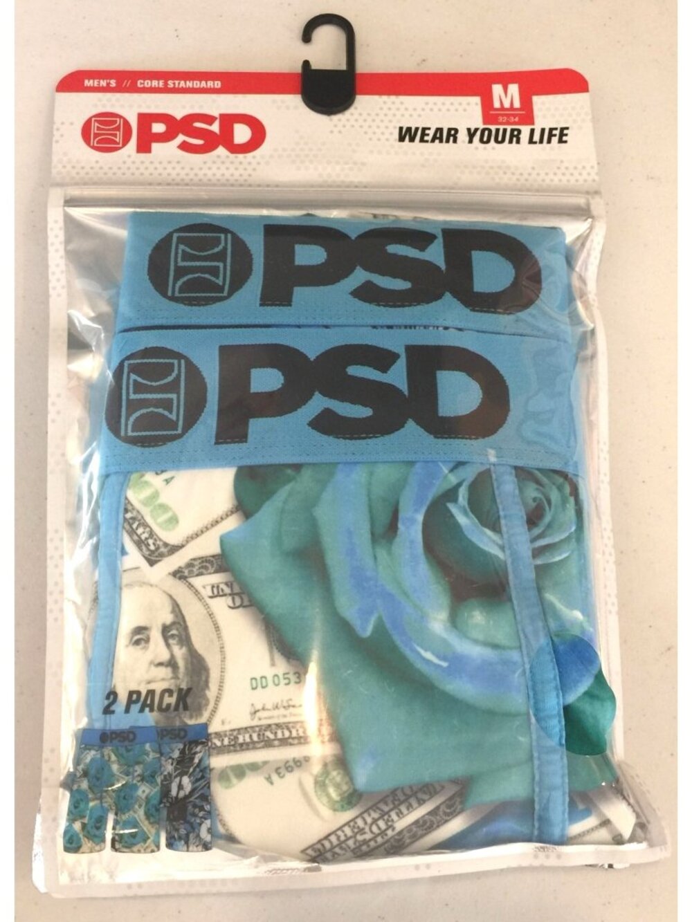 PSD Men's Core Standard 7" Inseam Boxer Briefs Medium 32-34" $100 Dollar Bill Fl